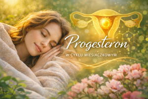 Kobieta odpoczywająca w ogrodzie z ilustracją macicy i ciałka żółtego – grafika o progesteronie w cyklu miesiączkowym.