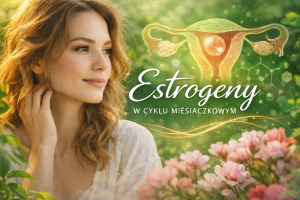 Kobieta w zielonym ogrodzie z ilustracją macicy w tle – grafika tytułowa artykułu o estrogenach w cyklu miesiączkowym.