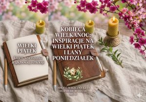 Strona Główna 37 Fotomontaż dwóch wiosennych kompozycji stołowych na tlenianym obrusie z bukietami różowych kwiatów bzu. Lewa strona pokazuje otwarty notatnik z polskim napisem o Wielkim Piątku. Prawa strona to zamknięty, skórzany kalendarz ozdobiony grafiką przepiórczego jajka w gnieździe, z głównym, centralnym napisem: „KOBIECA WIELKANOC: INSPIRACJE NA WIELKI PIĄTEK I LANY PONIEDZIAŁEK”. Obie strony mają zapalone świece pszczele i pióra do pisania.